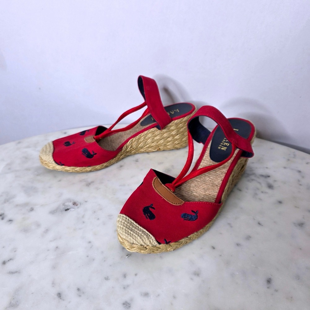 Lauren Ralph Lauren Cala Red Whale Embroidered Espadrille Wedge Wmns 9.5B Preppy